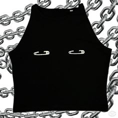 Introducing the **Safety Pin Vest Top where alternative fashion meets punk rock rebellion. This edgy and versatile top is designed to make a bold statement, regardless of gender. **Material and Comfort Made from a premium blend of 93% cotton and 7% elastane, this vest top offers a soft, breathable fit with just the right amount of stretch to ensure comfort and durability. The high-quality fabric ensures that the top moves with you, maintaining its shape and style throughout the day. **Design and Black Punk Tops For Concert, Black Y2k Top For Alternative Fashion, Emo Fitted Tops For Streetwear, Black Punk Style Tops For Club, Black Emo Tops For Club, Emo Fitted Streetwear Tops, Fitted Trendy Tank Top For Alternative Fashion, Fitted Black Emo Tank Top, Fitted Black Emo Style Tank Top