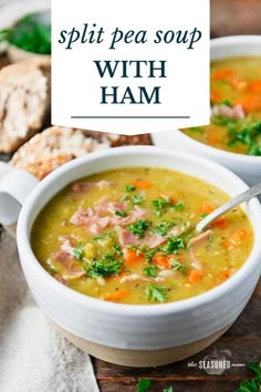 A healthy split pea soup with ham that's easy to prepare in the slow cooker, in the Instant Pot, or on the stovetop! Make it with a smoked ham hock, leftover ham bone, diced ham, or bacon. Healthy Split Pea Soup, Leftover Ham Bone, Split Pea Soup Crockpot, Split Pea Soup With Ham, Pea Soup With Ham, Soup With Ham, Split Pea Soup Recipe, Pea And Ham Soup, Freezer Friendly Meals