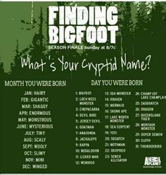 the poster for finding bigfoot, which features information about what's your crypt name