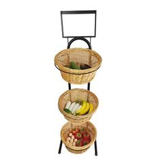 three tiered basket stand with fruits and vegetables