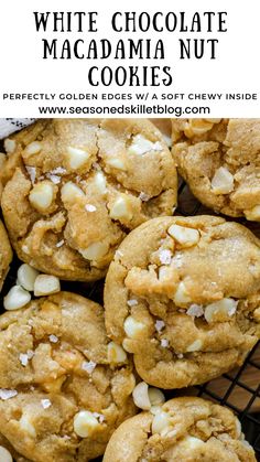 white chocolate macadamea nut cookies on a cooling rack with text overlay