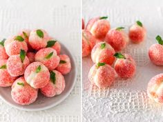 there are several pieces of fruit on the plate and one is covered in powdered sugar