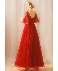 Buy Modest Long Red Tulle A Line Party Dress With Sleeves Lace Up at wholesale price online. Free shipping and pro custom service since 2009. Red A-line Tulle Dress, Red A-line Gown For Party, A-line Tulle Ball Gown For Party, A-line Tulle Ball Gown For Evening, Red A-line Ball Gown For Prom, A-line Tulle Gown For Party, Party A-line Tulle Gown, Red Tulle Prom Gown, Red Tulle Ball Gown For Evening