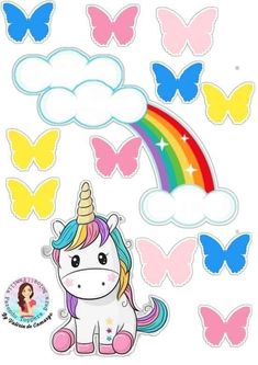 a unicorn sitting on top of a white floor next to butterflies and rainbows in the sky