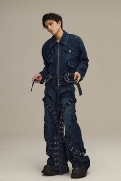 FLYERRER Paneled Double-Layered Riveted Strap Jeans | PROJECTISR US Looking Over Shoulder Pose Male, Short Denim Jacket, Strap Jeans, Denim Cargo Pants, Shoulder Armor, Denim Cargo, The Crossroads, Art Things, Short Denim