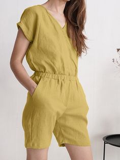 Solid Wrap V-neck Pocket Short Sleeve Casual Romper Green V-neck Tops With Pockets, Green V-neck Top With Pockets, Yellow V-neck Jumpsuits And Rompers For Work, Casual Rompers, Lunar New, Shorts With Pockets, Design Element, Wrap Style, Jumpsuit