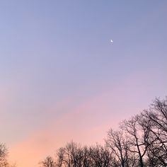 the sky is pink and blue as the sun goes down in the distance, with trees silhouetted against it