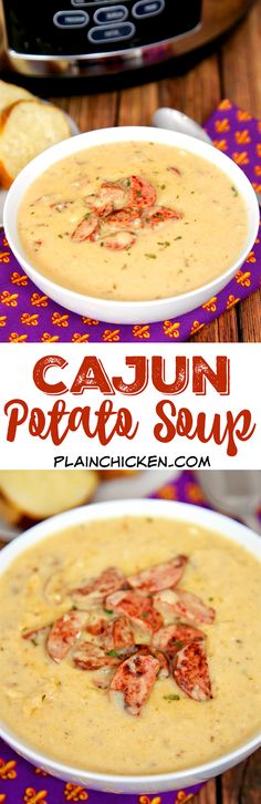 two bowls of cajun potato soup in front of an instant pressure cooker with text overlay that says cajun potato soup