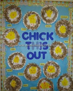 a bulletin board with chicks on it and the words chick this out written in blue