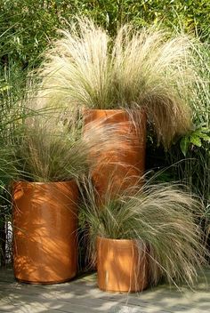 three tall planters sitting next to each other