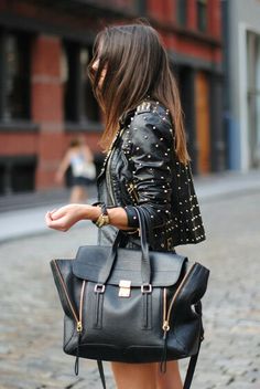 . Photography Tattoo, 2014 Fashion Trends, Studded Leather Jacket, Mode Chanel, Studded Jacket, Pastel Outfit, Chanel Tote, Black Stud, Black Leather Handbags