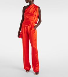 High-rise silk satin wide-leg pants in red - The Sei | Mytheresa Chic Silk Wide Leg Formal Pants, Chic Silk Wide Leg Pants For Formal Occasions, Chic Satin Evening Pants, Luxury Silk Wide Leg Pants For Evening, Chic Satin Wide Leg Pants For Party, Chic Wide Leg Satin Pants For Party, Red Silk Party Bottoms, Silk Wide-leg Pants For Party, Silk Evening Pants