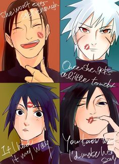 four anime characters with different expressions on their faces and the caption's below them