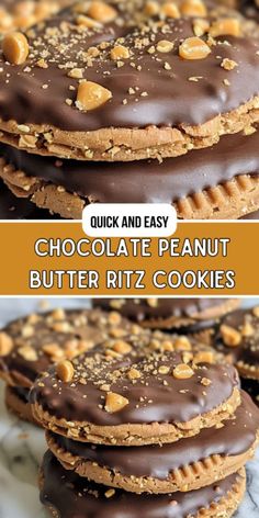 chocolate peanut butter ritz cookies stacked on top of each other with text overlay