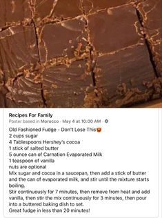 the recipe for chocolate fudge is shown on twitter