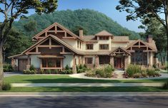 this is an artist's rendering of a house in the woods with mountains behind it