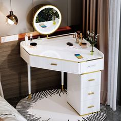 a white desk with a mirror and lights on it