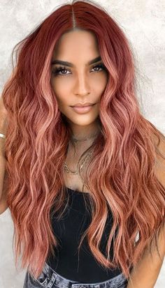 Nails For Copper Hair, Red Pink Balayage Hair, Copper To Pink Hair, Copper Hair With Pink Peekaboo, Pink Hair For Fall, Cooper And Pink Hair, Rose Gold Hair With Blonde Money Piece, Pink Sunset Hair, Rose Gold And Red Hair