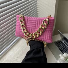 Description Is In The Last Picture Size 9.5"X6"X1" Pink Rectangular Clutch With Chain Strap, Chic Pink Shoulder Bag With Chain Detail, Chic Pink Shoulder Bag With Chain, Chic Pink Evening Bag With Chain Strap, Chic Pink Clutch With Chain Strap, Picture Size, Square Bag, Picture Sizes, Shoulder Bags