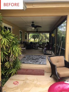 an outdoor living area with patio furniture and plants in the foreground, before and after remodeling