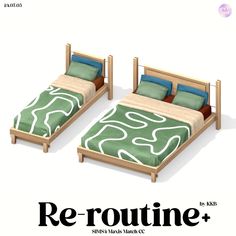 two beds sitting next to each other on top of a white background with the words re - routine