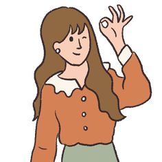 a woman with long brown hair wearing an orange shirt and green skirt is holding her hand up in the air