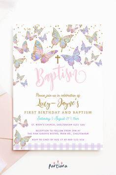 Self-editable 5x7" invite - follow the link for details and free demo! ♦ Easily edit online in your browser then download and print or send digitally ♦ Elegant butterflies create this graceful invite for a girl’s baptism and 1st birthday, celebrating with pastel shades of pink lilac and gold ♦ #pastelbutterflies #pastelbaptism #baptisminvitegirl #baptisminvitations #1stbirthdaygir #baptismandbirthday #butterfliesinvite #butterflybaptism #butterflybirthdaygirl Butterfly Invitation, Pastel Butterfly, Etsy Invitations, Pastel Butterflies