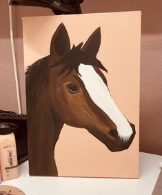 a painting of a brown horse on a pink background