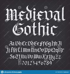 an old gothic font and numbers on a black background with white lettering, in the style of