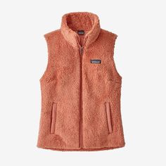 a women's patagon flee vest in orange with pink lining and pockets