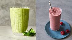 two smoothies on plates next to each other