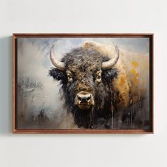 a painting of a bison is hanging on the wall