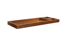 a wooden tray with two compartments on the bottom and one in the middle, against a white background