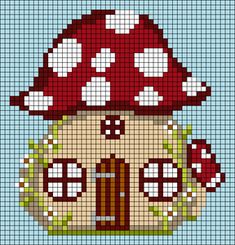 a cross stitch pattern with a mushroom house