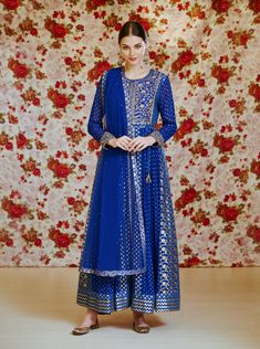 Shyam Narayan Prasad-Royal Blue Embroidered Anarkali Set-INDIASPOPUP.COM Blue Jacket Style, Chanderi Anarkali, Diwali Outfits, Blue Kurta, Pakistani Style, Embroidered Anarkali, Diwali Party, Dhoti Pants, Dream Dresses