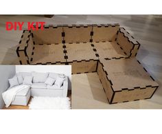 the cardboard couch is made to look like it has been cut into smaller pieces and placed on the floor