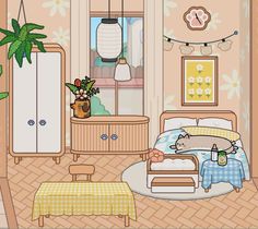 a cartoon bedroom with a bed, dresser and plant in the corner on the wall