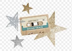 an old fashioned audio cassette with stars on the side and glitters in the background