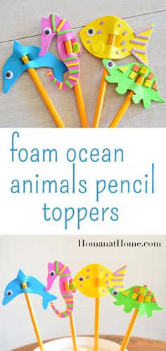 foam ocean animals pencil toppers in a cup with text overlay that says foam ocean animals pencil toppers