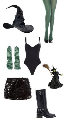 various halloween costumes and accessories are arranged on a white background, including witch's hat