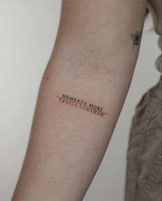 Subtle Meaningful Tattoos, Artsy Tattoos Small Creative, Above Forearm Tattoo, Small Lettering Tattoo, Small Dark Tattoos, Memento Vivere Tattoo, Philosophy Tattoos, Chaos Tattoo, Memento Mori Tattoo