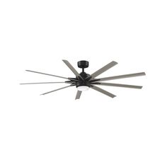 a black ceiling fan with five blades on it's blade ends in the shape of an x