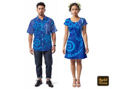 Hawaiian floral matching couple outfit of a short sleeve men's Hawaiian shirt, and women's short sleeve skater dress featuring shades of blue floral design for daytime or evening wear.  IF YOU WOULD LIKE YOUR ITEMS TO ARRIVE IN TWO WEEKS TIME, PLEASE UPGRADE TO EXPRESS SHIPPING AT THE CART.  Message me if you would rather these items were in another color or combination of colors. WOW! your friends and family in a shirt that is unique as you are. SHORT SLEEVE MENS SHIRT * Available in sizes XS-5 Fitted Blue Hawaiian Shirt For Beach, Blue Fitted Hawaiian Shirt For Beach, Fitted Blue Hawaiian Shirt For Summer, Blue Fitted Hawaiian Shirt With Short Sleeves, Fitted Printed Hawaiian Shirt For Spring, Fitted Printed Hawaiian Shirt For The Beach, Fitted Printed Hawaiian Shirt For Beach, Fitted Hawaiian Shirt For Vacation, Fitted Blue Printed Hawaiian Shirt