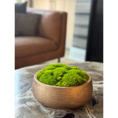 a wooden bowl filled with green moss sitting on top of a table next to a couch