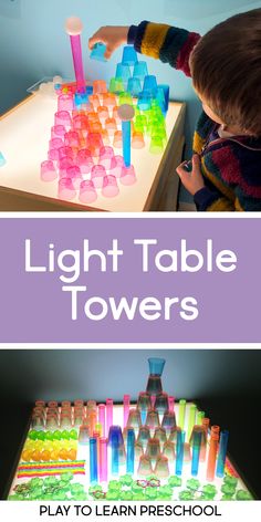 a child playing with light table towers