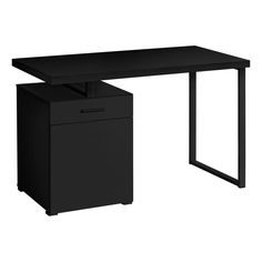 a black desk with a drawer underneath it and a white background in the back ground