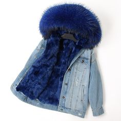 This oversize version of the classic stone washed denim jacket, thanks to metal stud and crystal decorations, celebrates this season's theme: Far West. Fox fur trimming on the opening and lining the collar. Two slit pockets and two patch ones with flap. Hook fastening. Inner lining.p>[custom tab]SHELL #1: 100% POLYESTER | SHELL #2: 100% LAMB LEATHER | LINING #1: 100% POLYESTER | RIB KNIT #1: 50% WOOL 45% ACRYLIC 5% ELASTANE | FILLING #1: 100% POLYESTER | TRIMMING #1: 100% VULPES LAGOPUS [/cus Crystal Decorations, Shabby Chic Clothes, Far West, Fur Parka, Chic Leather, Jacket Parka, Crystal Decor, Washed Denim, Denim Coat