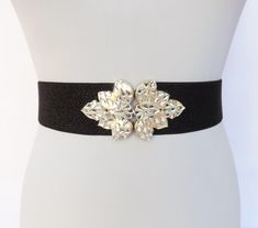 Black glitter wide elastic waist belt with Sparkly crystals leaf clasp by MissLaceAccessories on Etsy