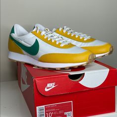 New In Box Nike Daybreak White, Yellow Ochre, Neptune Green. Style #Dx3313100 Men Size 9. Retro Style With Waffle Sole With Leather Accents (Swoosh And Trim) On A White Nylon Sneaker. Pristine Condition, No Blemishes. Casual,Fashion Forward Sneaker Yellow Retro Sneakers With Boost Midsole, Yellow Running Shoes With Rubber Waffle Outsoles For Sports, Yellow Sneakers With Rubber Sole For Errands, Yellow Nike Sneakers For Errands, Yellow Nike Sneakers For Running Errands, Nike Yellow Sneakers For Casual Wear, Yellow Nike Sneakers For Casual Wear, Nike Daybreak, Yellow Ochre