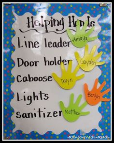 a bulletin board with handprints on it and the words helping him is line leader, door holder, caboose, light switch, sanitizer